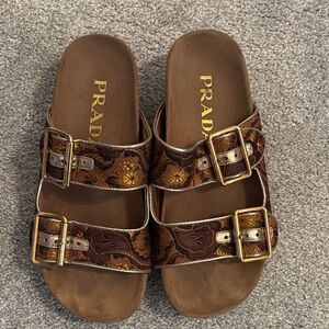 Prada Brown Patterned Sandals with Gold Buckles